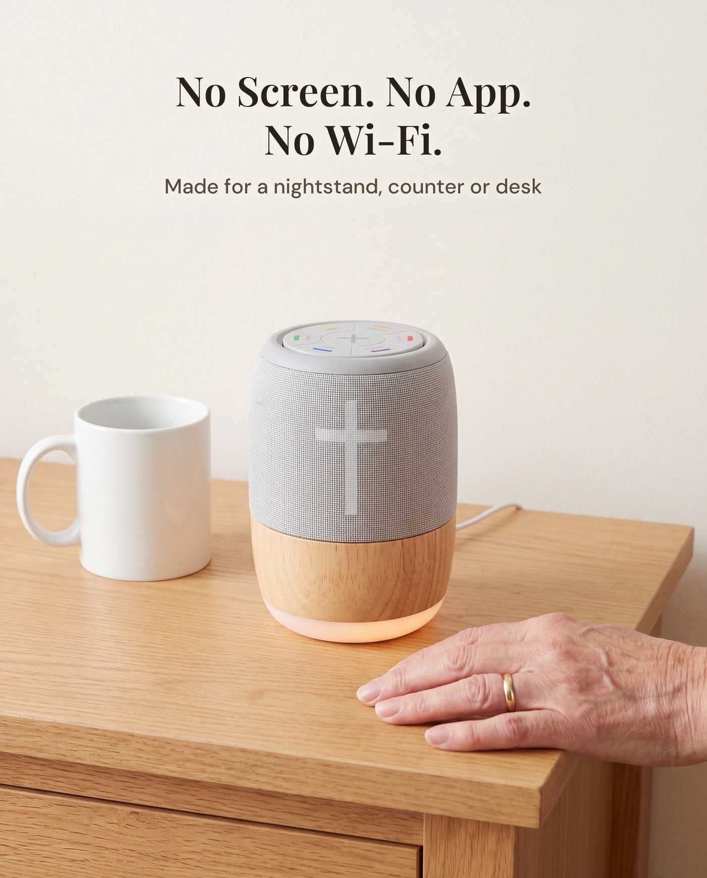 The player on a nightstand next to a mug and a woman's hand, to show its size.