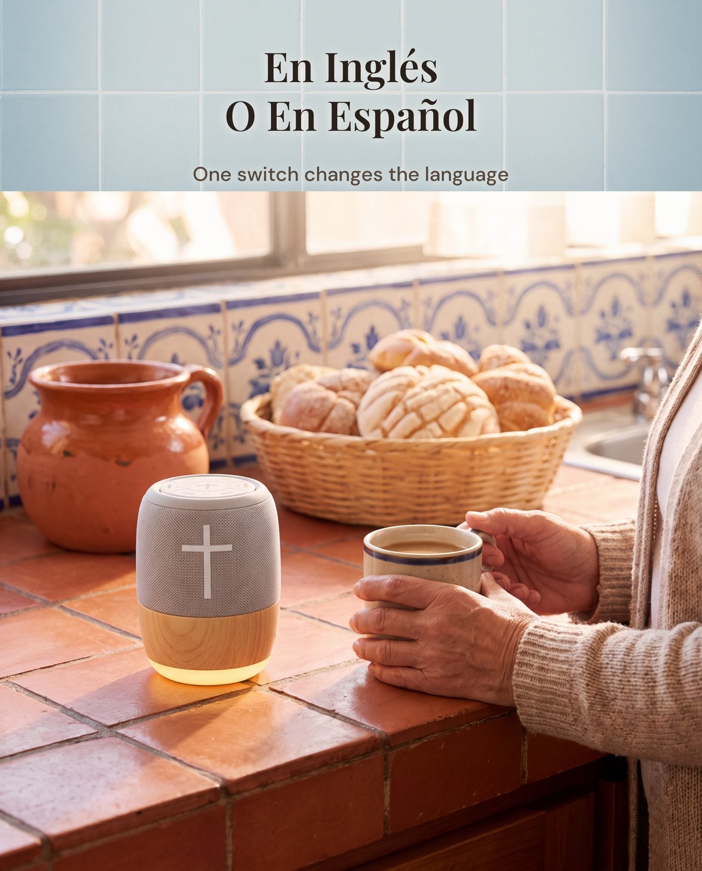 The player on a tiled kitchen counter beside a basket of conchas, a woman's hands around a cup of coffee.